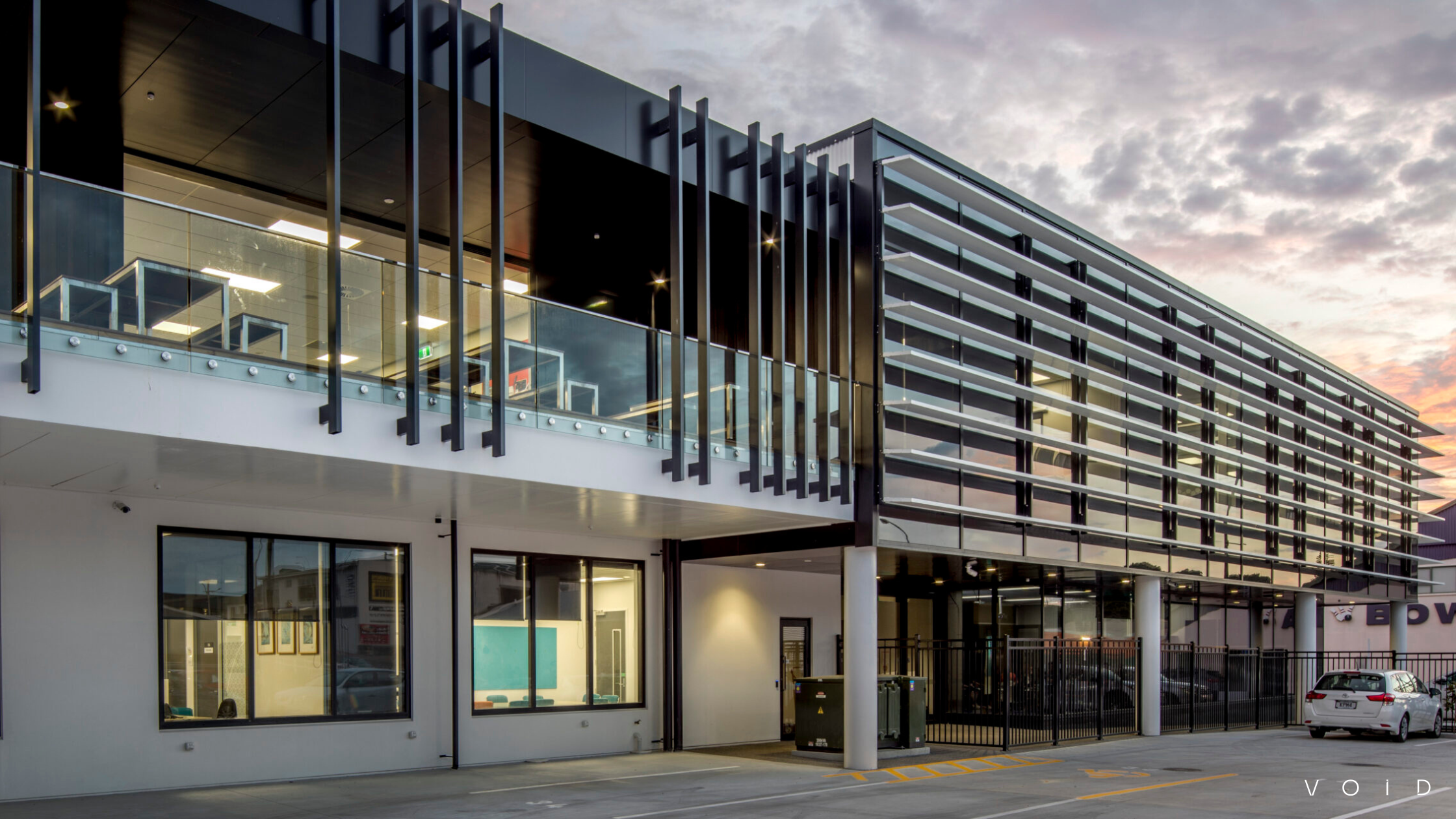 Office Building facade with vertical panels and horizontal louvres | Commercial Architects New Plymouth